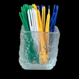 VTG Floral Clear Glass Toothpick Holder with 44 Multicolor Plastic Picks Daisy